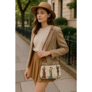Vintage Tapestry Shoulder Bag with Victorian Golfers Scene & Brown Strap